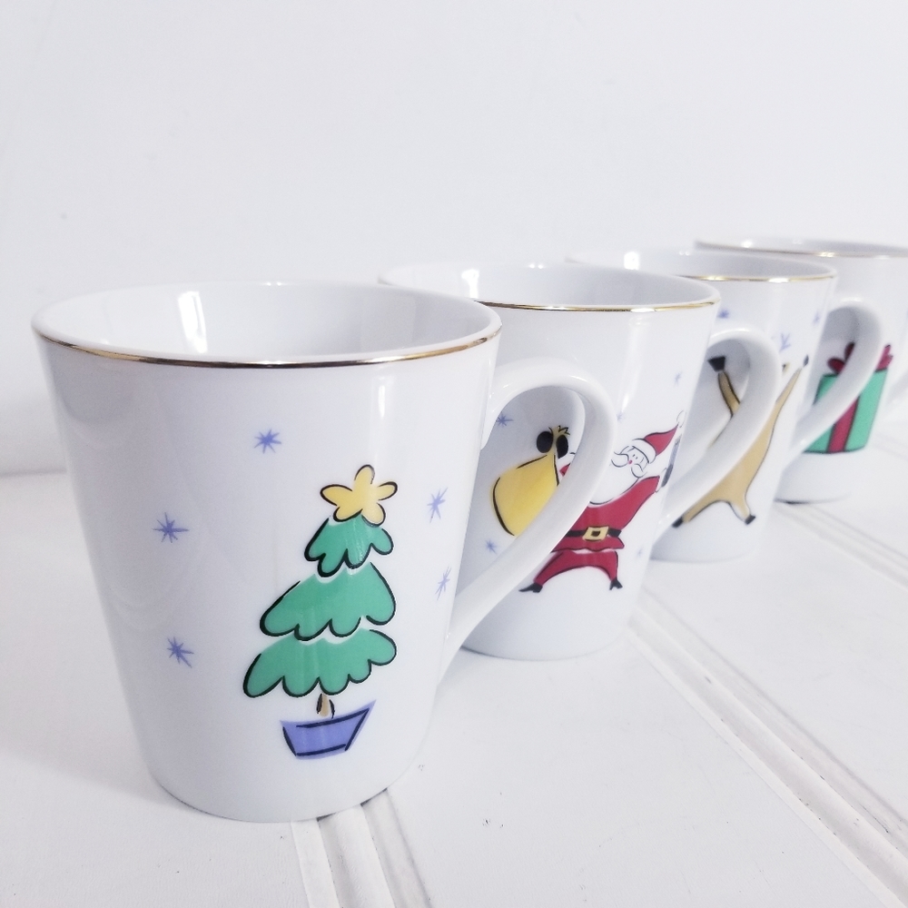 Merry Brite Coffee Mug Set Christmas Print Porcelain Gold Rim Santa Reindeer X 4